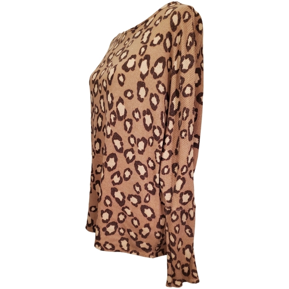 Bombom Leopard Print Brown And Tan Long Raglan Sleeve Waffle Knit Top Size L - Picture 2 of 7